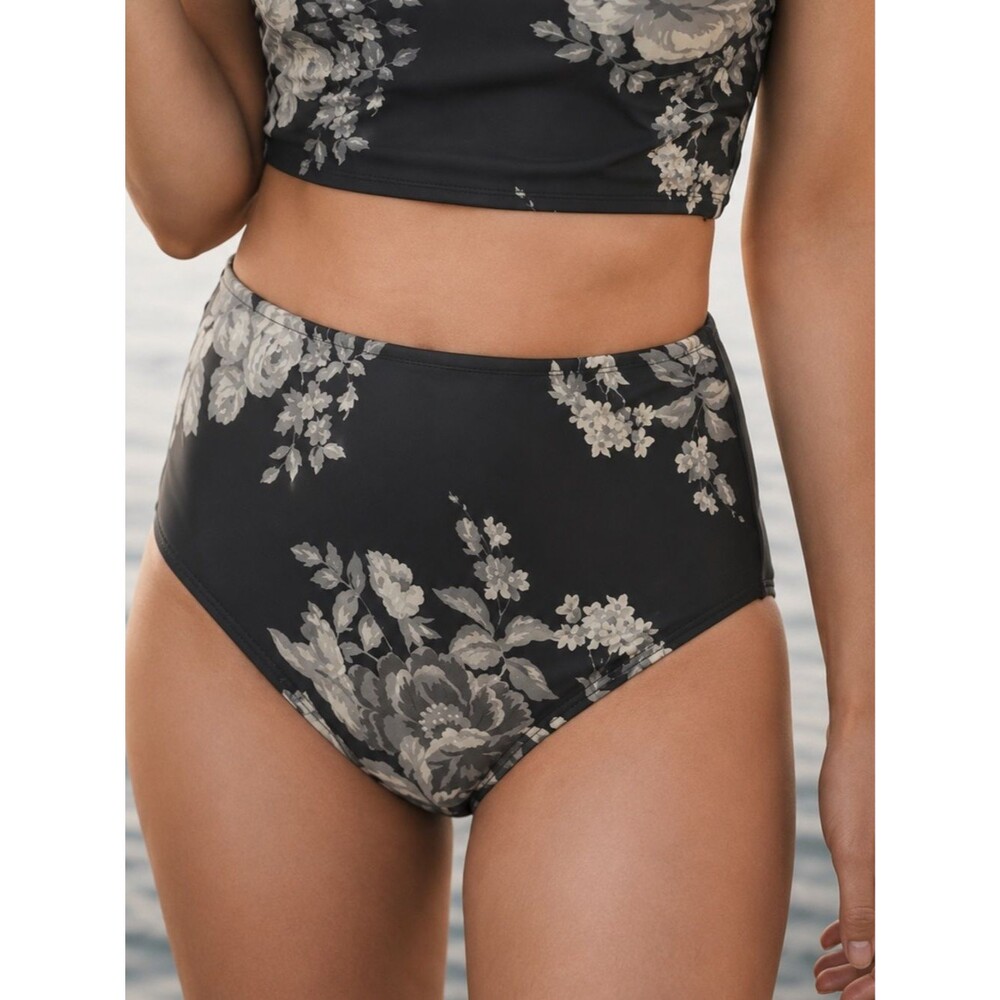 Albion Antigua High Waisted Swim Bottoms Medium Black Gray Floral Bikini Brief